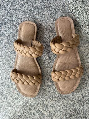 Mango Braided Double-Strap Tan Slide Sandals